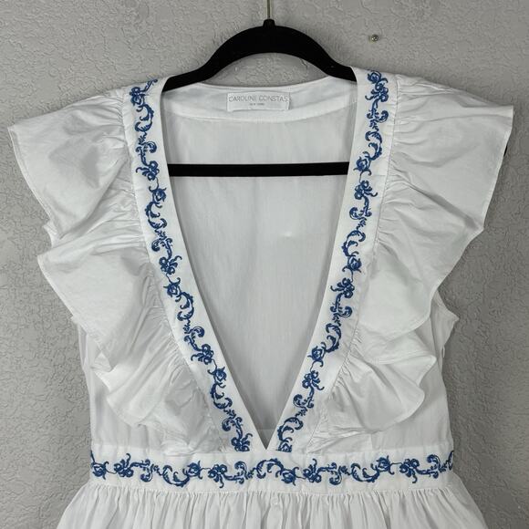 Caroline Constas Miranda Dress Embroidered Ruffle Plunge Neck White Blue Size M - Picture 6 of 10